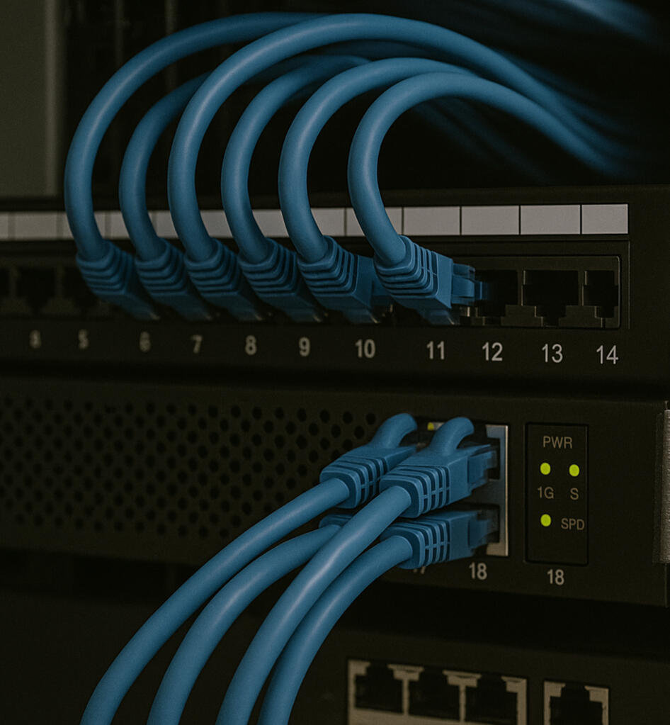 Multiple Cat-5 Cables connected to a server.